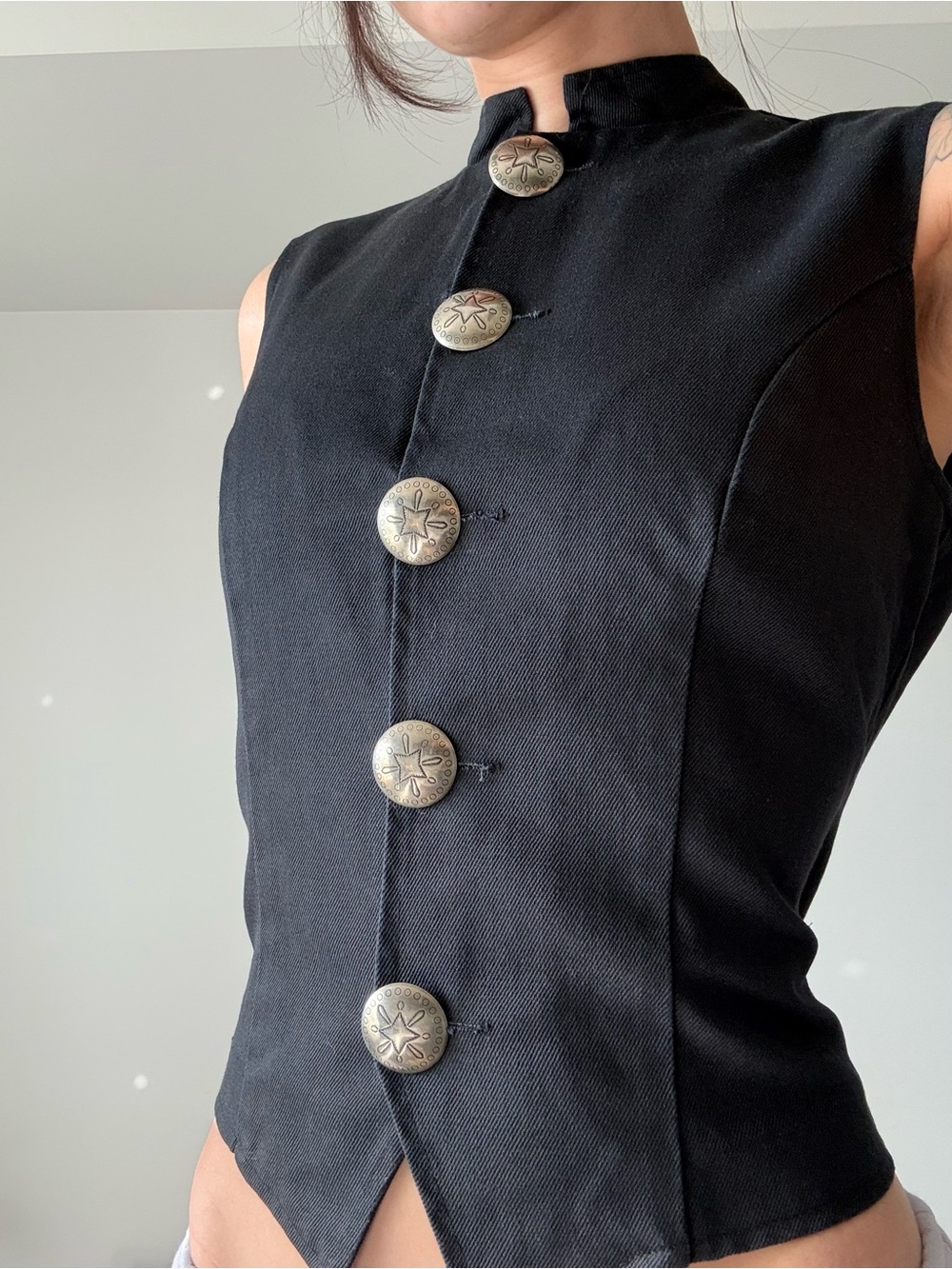 Vintage Sleeveless Black Denim Button-up Vest | Boho, Motorcycle, Goth
